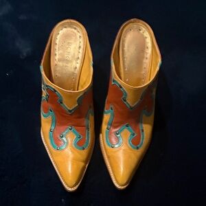 BCBGirls Yellow and Brown Mules with Blue Details